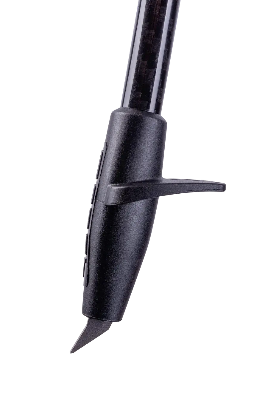 Close-up of black Nordic walking pole tip with textured grip and spike on transparent background