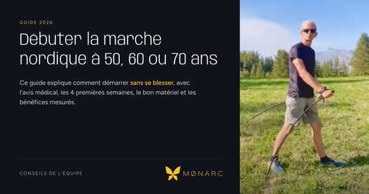 Un marcheur avance avec ses Arcs de Marche® dans une prairie de montagne, à côté du titre du guide MØNARC pour débuter la marche nordique à 50, 60 ou 70 ans sans se blesser.