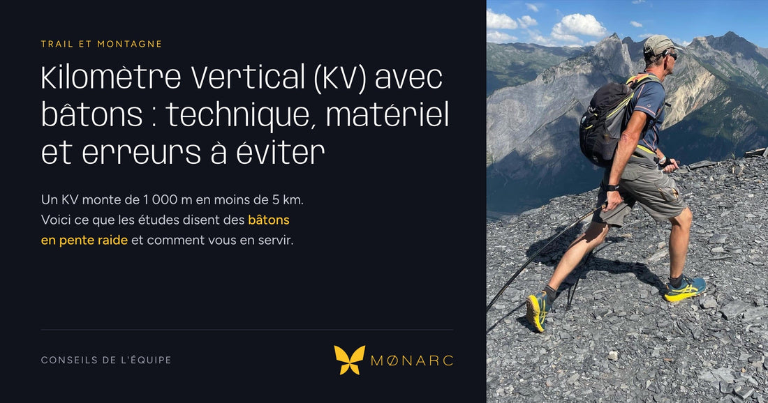Marcheur avec des Arcs de Marche® MØNARC® sur un sentier de montagne, couverture du guide sur le kilomètre vertical avec bâtons