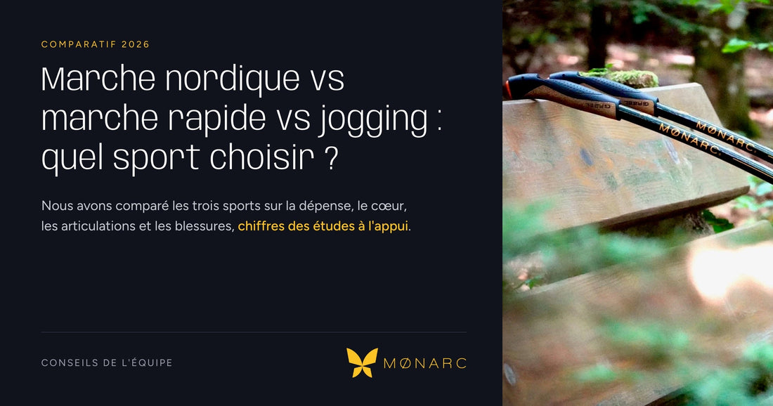 Des Arcs de Marche® MØNARC® posés sur un banc en forêt illustrent le comparatif entre marche nordique, marche rapide et jogging.
