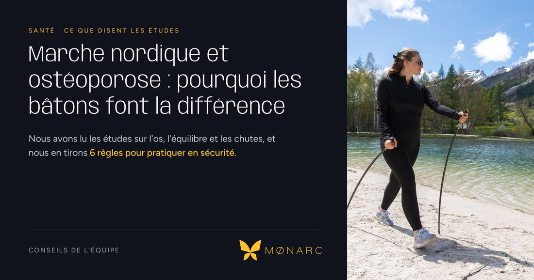 Une marcheuse pratique la marche nordique avec les Arcs de Marche® MØNARC® au bord d'un lac de montagne.