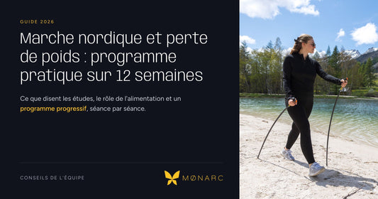 Couverture du guide MØNARC 2026 sur la marche nordique et la perte de poids, avec un programme de 12 semaines