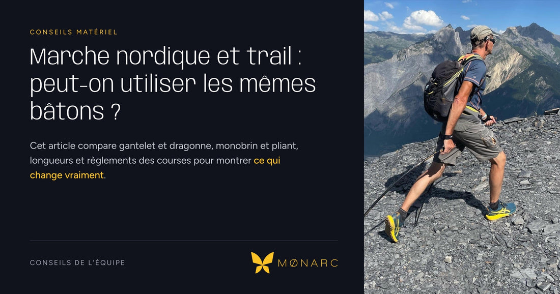 Un traileur avance sur une crête caillouteuse en montagne avec des Arcs de Marche® MØNARC®.