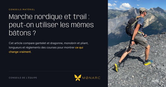 Un traileur avance sur une crête caillouteuse en montagne avec des Arcs de Marche® MØNARC®.