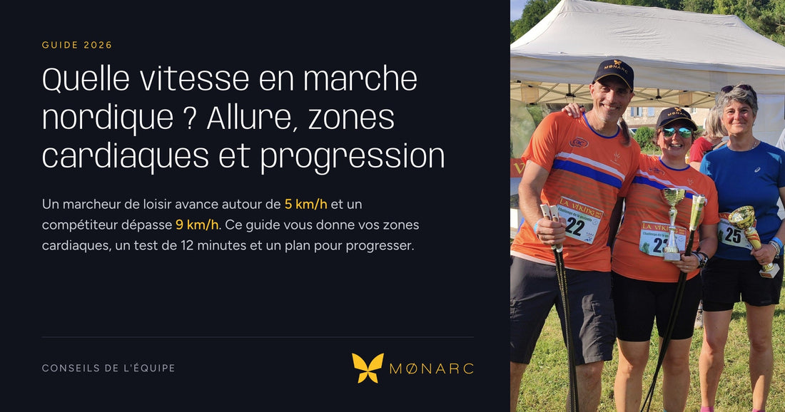 Couverture du guide MØNARC sur la vitesse en marche nordique, avec des marcheurs qui tiennent leurs Arcs de Marche® à La Viking NWT 2026.